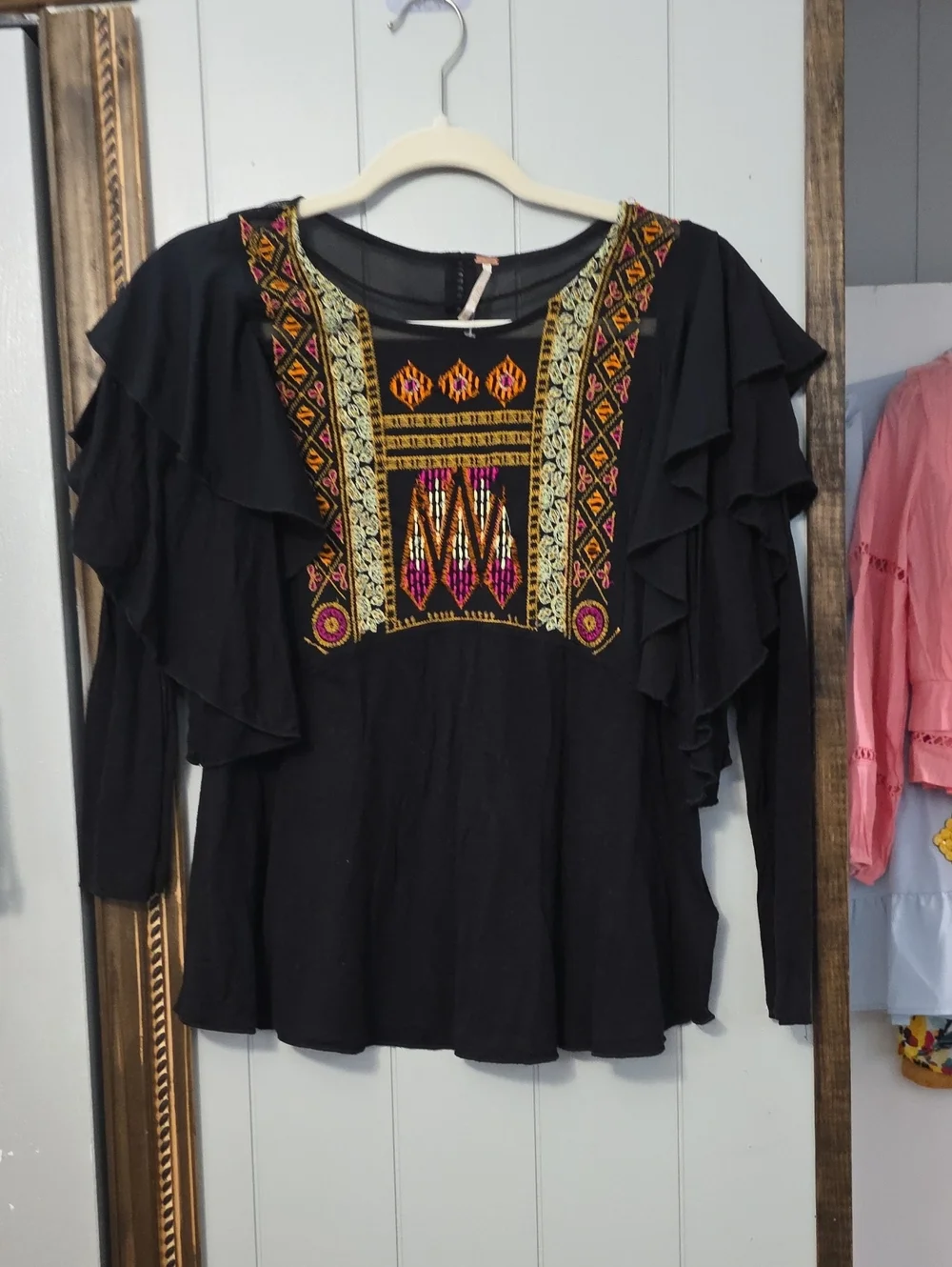 Free People Black Blouse with Multicolor Embroidered Yoke